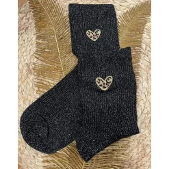 CHAUSSETTES PETITS COEURS LÉOPARD - NOIR